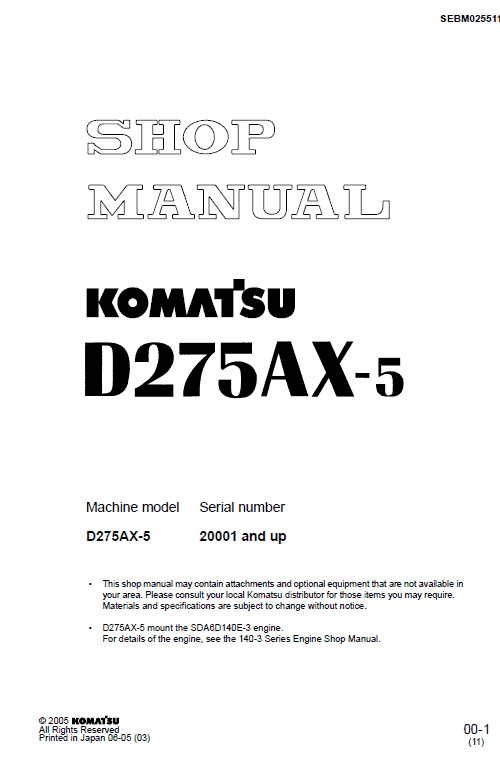 KOMATSU D275AX-5 (JPN) BULLDOZER SERVICE REPAIR MANUAL SN 20001-UP