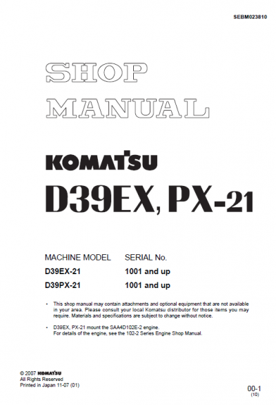 KOMATSU D39EX-21, D39PX-21 (JPN) BULLDOZER SERVICE REPAIR MANUAL SN 1001-up