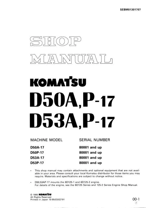 KOMATSU D50A-17, D50P-17, D53A-17, D53P-17 (JPN) BULLDOZER SERVICE REPAIR MANUAL SN 80001-UP