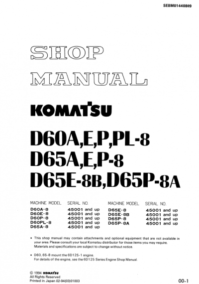 KOMATSU D60A, D60E, D60P, D60PL-8, D65A, D65E, D65P-8, D65E, D65P-8A (JPN) BULLDOZER SERVICE REPAIR MANUAL SN 45001-UP