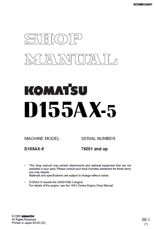 Komatsu D155AX-5 Bulldozer Dozer Shop Service Repair Manual SN 76001-Up