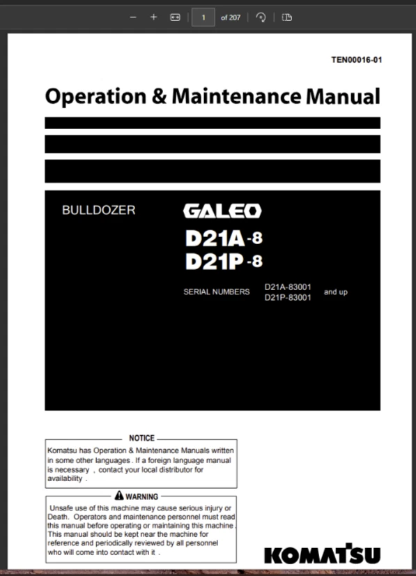 Komatsu D21A-8, D21P-8 Bulldozer Operation & Maintenance Manual